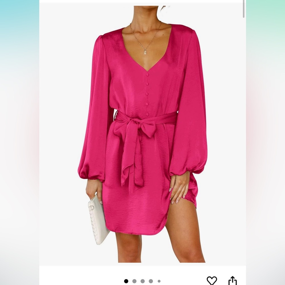 Women's Long Puff Sleeve Satin Dress V Neck Cocktail Party Belted dress (Medium)